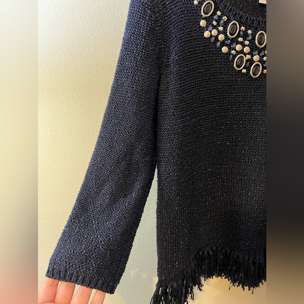 Ruby Rd Dark Navy Blue Beaded Neckline Pullover Fringe Winter Sweater! - Picture 6 of 12